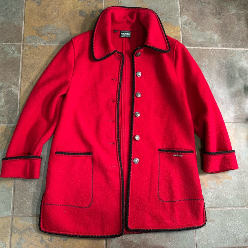 Vintage Geiger Coat Button Front Collared 100% Wool Black Trim Red Women's 34